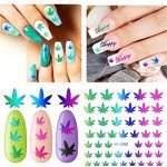 MiaoWu 12 Sheets Pot Leaf Nail Art Stickers Self-Adhesive 3D Maple Leaf Nail Stickers Fall Nail Art Decals Glitters Flakes Autumn Nail Supplies Colorful Weed Leaves Design for DIY Nail