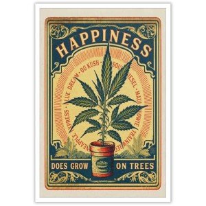 Vintage Happiness Weed Posters Does Grow On Trees Canvas Wall Art Green Plants Cannabis Strain Aesthetic Prints Painting For Living Room Home Bedroom Dorm Wall Decor 12x16in Unframed