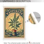 Vintage Happiness Weed Posters Does Grow On Trees Canvas Wall Art Green Plants Cannabis Strain Aesthetic Prints Painting For Living Room Home Bedroom Dorm Wall Decor 12x16in Unframed