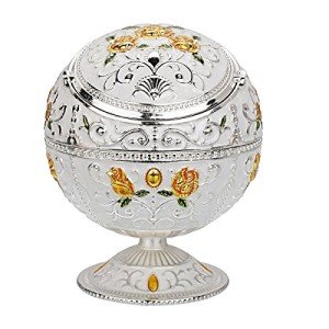 LAUYOO Windproof Ashtray with Lid for Cigarettes Metal Portable Cigar Ashtray Odor Eliminator for Indoor outdoor Hand Stamped Rose Pattern with Sparkle Fancy Gift for Men Women(Silver-Green Leaf)