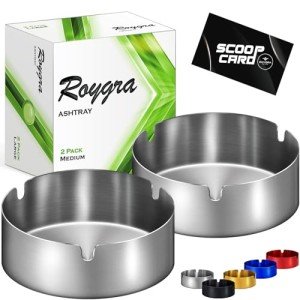 roygra Outdoor Ashtray for Outside Patio (2 Pack), Stainless Steel Ashtrays for Smokers Indoor, Home Table Decor, Patio Decorations Outdoor, Home Decorative Ashtrays for Cigarettes - Silver, Medium