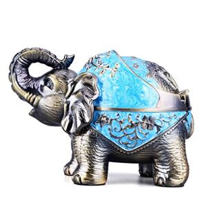 Stand Elephant Decorative Windproof Ashtray with Lid for Cigarettes Metal Portable Cigar Ashtray Odor Eliminator Indoor outdoor Hand Carved Fancy Gift ornament for Men Women (Light Blue)