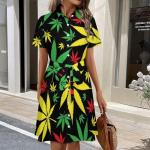 Dresses for Women Marijuana-Leaves Classic Lace-up Shirt Dress L