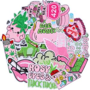 20PCS Pink Weed Iron on Patches, Kawaii Marijuana Embroidered Patches for Adults, Aesthetic Sew Patches for Backpacks Pants Clothes Jeans DIY Decoration