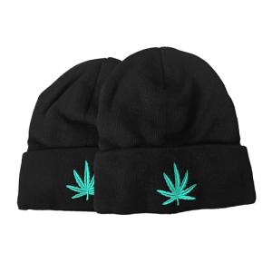Pack of 2X Marijuana Weeds Leaf Embroidery Fleece Lined Knit Beanies One Size Black Green Hats