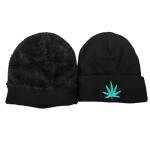Pack of 2X Marijuana Weeds Leaf Embroidery Fleece Lined Knit Beanies One Size Black Green Hats