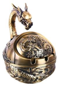 Stylitzy Vintage Ashtray with Lid for Cigarettes,Metal Windproof Smokeless Odorless Ash Tray Holder for Indoor Outdoor Decorative Hand-Carved Fancy Gift Ornament for Home Office (Bronze Dragon)