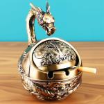 Stylitzy Vintage Ashtray with Lid for Cigarettes,Metal Windproof Smokeless Odorless Ash Tray Holder for Indoor Outdoor Decorative Hand-Carved Fancy Gift Ornament for Home Office (Bronze Dragon)