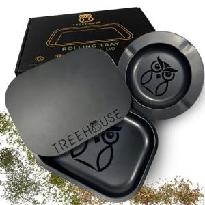 Black Treehouse Rolling Tray Set with PVC Soft Magnetic Lid, Ashtray Included for Home Storage or Travel - 7" x 5.5", Small, Cute