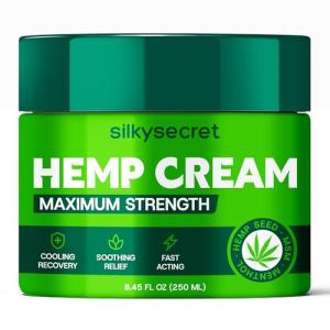 SilkySecret Hemp Cream (8.45 Fl Oz), Soothing Body Cream with Hemp, Menthol & Botanicals, Refreshing Comfort for Neck, Back, Shoulders, Muscle, Knees & Feet, Fast-Absorbing & Non-Greasy