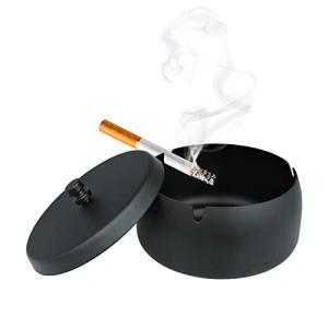 Andiker Large Metal Ashtrays with Lid, Non-Slip Windproof Ashtray for Cigarette, Tabletop Ash Trays Black for Home Office and Indoor