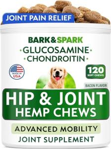 BARK&SPARK Advanced Hemp Chews for Dog Joint Pain Relief - Glucosamine Chondroitin Hemp Treats Hip Joint Health - Joint Supplement Large Breed & Small - Treats Joints Old Senior Dog (120Ct/Bacon)