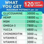 BARK&SPARK Advanced Hemp Chews for Dog Joint Pain Relief - Glucosamine Chondroitin Hemp Treats Hip Joint Health - Joint Supplement Large Breed & Small - Treats Joints Old Senior Dog (120Ct/Bacon)