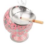 LAUYOO Windproof Ashtray with Lid for Cigarettes Metal Portable Cigar Ashtray Odor Eliminator for Indoor outdoor Hand Stamped Rose Pattern with Sparkle Fancy Gift for Men Women-Pink&silver