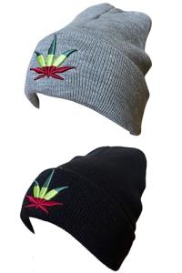 Knit Beanie Hats with Embroidered Marijuana Leaf Design,Pack of 2, One Size (US, Alpha, One Size, Grey& Black, Weed, Weed)