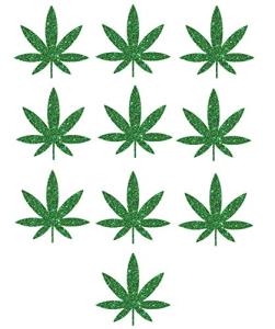 10 Marijuana Leaf Iron On Decals, Mini 1x1 Cannabis Weed Pot Leaf Heat Transfers, Apply in 5 Min (Green Glitter)