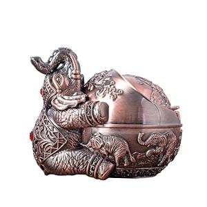 LAUYOO Vintage Decorative Windproof Ashtray with Lid for Cigarettes Metal Portable Cigarette Ashtray Odor Indoor Outdoor Hand Carved Fancy Gift ornament for Men Women (Red Copper Elephant)