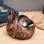 LAUYOO Vintage Decorative Windproof Ashtray with Lid for Cigarettes Metal Portable Cigarette Ashtray Odor Indoor Outdoor Hand Carved Fancy Gift ornament for Men Women (Red Copper Elephant)