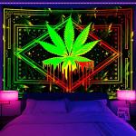 Weed Blacklight Tapestry UV Reactive, Cool Smoking Cannabis Leaf Black Light Trippy Art Poster for Men Room Bedroom Decor, Psychedelic 420 Glow in The Dark Blanket Party Decor
