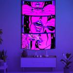 Blacklight Trippy Tapestry for Bedroom Cool Cute Girl Anime Wall Tapestry Aesthetic UV Reactive Purple Tapestries Glow In The Dark Art Wall Hanging Poster for Room Decor 39"x60"