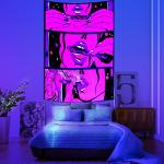 Blacklight Trippy Tapestry for Bedroom Cool Cute Girl Anime Wall Tapestry Aesthetic UV Reactive Purple Tapestries Glow In The Dark Art Wall Hanging Poster for Room Decor 39"x60"