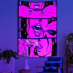 Blacklight Trippy Tapestry for Bedroom Cool Cute Girl Anime Wall Tapestry Aesthetic UV Reactive Purple Tapestries Glow In The Dark Art Wall Hanging Poster for Room Decor 39"x60"