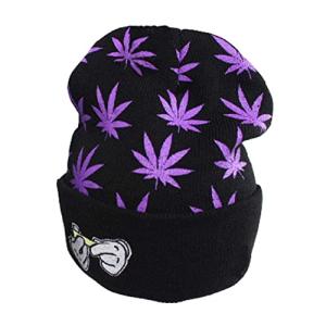 UTOWO Weed Marijuana Acrylic Beanie Hats Marijuana Weed Cuff Beanie-Hat for Women Men Rolling-Up Skully Cap Purple