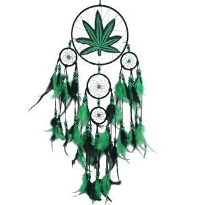 Remorlet Green Leaf Weed Dream Catcher Wall Hanging Decor Bedroom Adult Living Room Home Bohemian Decorations (5 Rings)