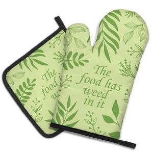 DYJYBMY The Food Has Weed in It Funny Oven Mitts and Pot Holder Set, Funny Kitchen Gadgets for Women, Valentine Housewarming Gifts for Chef Her Lovers, Hostess Birthday Gifts for Mom Aunt Sister BFF