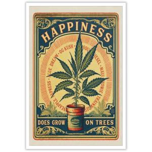 Vintage Happiness Weed Posters Does Grow On Trees Canvas Wall Art Green Plants Cannabis Strain Aesthetic Prints Painting For Living Room Home Bedroom Dorm Wall Decor 24x36in Unframed