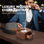 Tesonway Wooden Square Ashtray 4 Slots with Cigar Accessories Drawer for Indoor Outdoor Patio Home Office, Personalized Gifts for Men