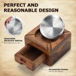 Tesonway Wooden Square Ashtray 4 Slots with Cigar Accessories Drawer for Indoor Outdoor Patio Home Office, Personalized Gifts for Men