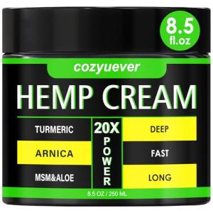 cozyuever 8.5 Oz Hemp Cream Maximum Strength for Neck,Knees,Back,Elbows,Fingers with Arnica, Menthol, Aloe, Emu Oil, Turmeric