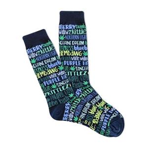 K. Bell Socks Men's Classics Novelty Crew Socks, Cannabis Strains (Dark Navy), Shoe Size: 6-12