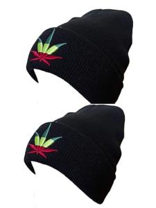 Knit Beanie Hats with Embroidered Marijuana Leaf Design,Pack of 2, One Size (US, Alpha, One Size, Black& Black, Weed, Weed)