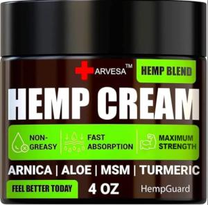 Natural Hemp Cream - Maximum Strength - Gel with MSM, Arnica, Aloe, Turmeric, Emu Oil - Lotion for Muscles, Joints, Back, Foot, Knees, Neck, Fingers, Elbows - High Strength Hemp Oil Extract - 4 fl oz