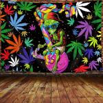 Viajar Trippy Weed Marijuana Tapestry Cool Alien Marijuana Leaf Tapestry for Bedroom, Psychedelic Tie Dye Stoner Tapestries for Men Weed Aesthetic Hippie Wall Art Poster for Dorm (60X40 Inch), Yellow