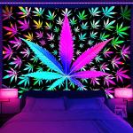 VEIGIKE Cool Trippy Weed Blacklight Tapestry UV Reactive, Neon Tie Dye Marijuana Leaf Cannabis Black Light Art Poster for Men Room Bedroom, Psychedelic Glow in The Dark Blanket Party Decor (40X30)