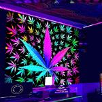 VEIGIKE Cool Trippy Weed Blacklight Tapestry UV Reactive, Neon Tie Dye Marijuana Leaf Cannabis Black Light Art Poster for Men Room Bedroom, Psychedelic Glow in The Dark Blanket Party Decor (40X30)