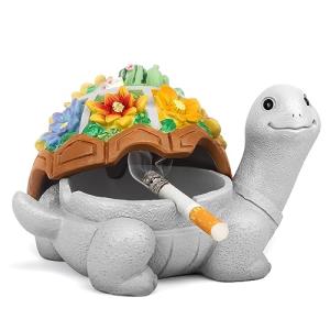 LESES Ashtray, Cute Turtle Cigarette Ashtray with Lid, Smokeless Waterproof Ash Tray Outdoor Resin Ash tray for Patio Home Office Gifts Indoor