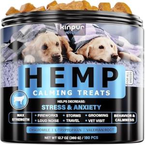 Kinpur Pet Care Relaxing Dog Calming Chews with Hemp Oil, Valerian Root, and Vitamin B - Natural Stress and Anxiety Relief for Dogs - 180 Beef-Flavored Calming Treats for All Breeds