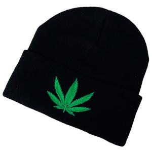 New! Unisex Embroidered Marijuana Pot Leaf Winter Knit Beanie (Black Marijuana Leaf)