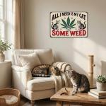 Funnysign Cat Lovers Gift All I Want is My Cat and Some Weed Vintage Tin Sign for Home Man Cave Bedroom Living Room Bathroom Decor 8 X 12 Inch (3919)