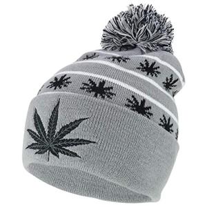 Marijuana Leafs Pom Pom Acrylic Beanie Hat - Grey Black