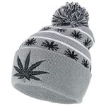 Marijuana Leafs Pom Pom Acrylic Beanie Hat - Grey Black