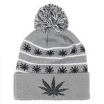 Marijuana Leafs Pom Pom Acrylic Beanie Hat - Grey Black