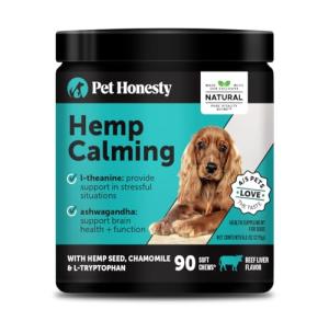 Natural Hemp Calming Chews for Dogs - Calming Aid Supplement for Occasional Anxiousness with Valerian Root, Chamomile, + Magnesium - Stress, Separation & Thunder Support - (Beef Liver, 90 Count)