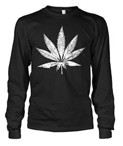 Men's White Weed Marijuana Leaf Cannabis 420 Long Sleeve T-Shirt (Black, Large)