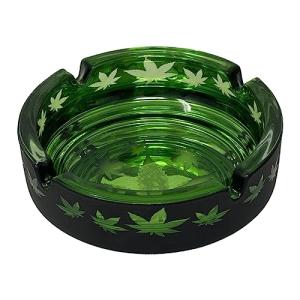 Creative Glass Ashtray, Featuring Trendy 80s Matte Black/Green Leaf Design, 4.25" x 1.25"Inches
