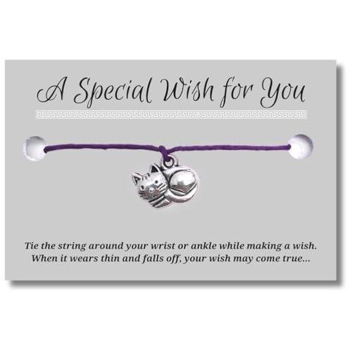 Vilda Jewellery Kitty Cat Purple Wish Bracelet, Hemp with Silver Tone Charm on Printed Card, Adjustable Size up to 12 inches, Unisex Friendship Bracelet, Cat Pet Animal Lover Gift